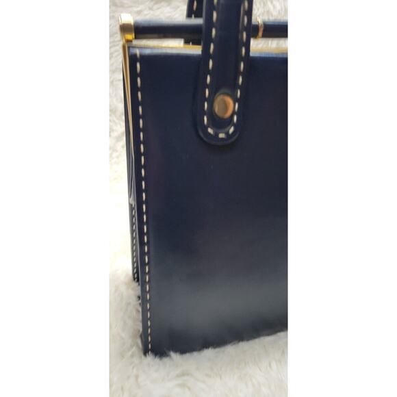 Vintage 1960's Dark Navy Gold Accent Leather Womens Lined Snap Closure Handbag - Picture 6 of 11